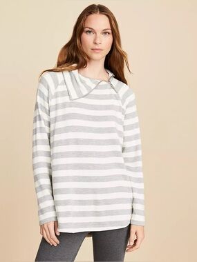 Lou & Grey Gray White Stripe SignatureSoft  Zip Neck Sweatshirt L
